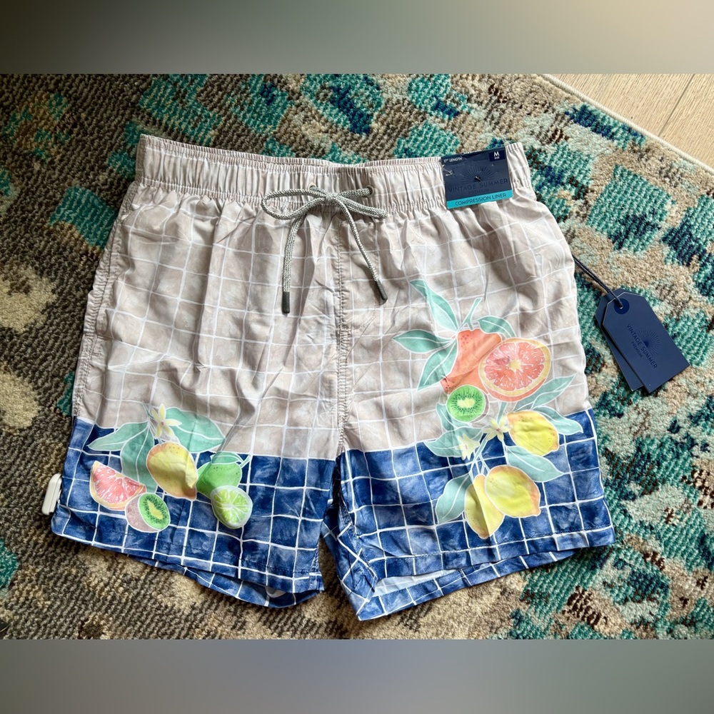 NWT Vintage Summer Swim Trunks | Fruit Print Grid Board Shorts | Size M